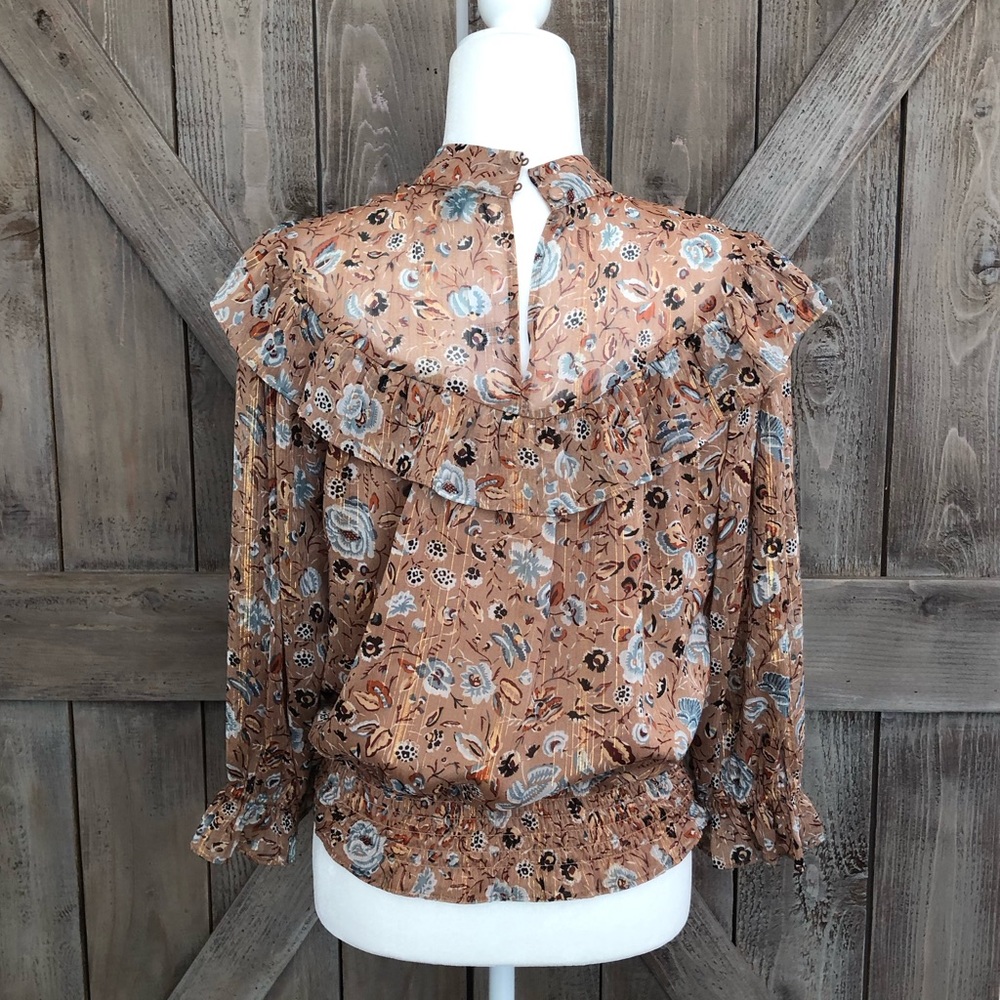 Floral Ruffle High-Neck Blouse - Brown - Picture 3 of 3